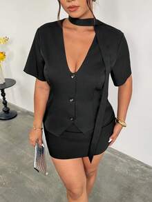 Firerie Plus Size Summer Simple Front Button Short Sleeve Suit Jacket Business Casual Women Plus Size Business Casual Women With Beautiful Curves Fall/Winter - Black - View 6