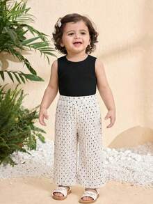 SHEIN Elegant & Cute Black Knit Camisole Top And Polka Dot Pleated Long Pants Set, Summer Top Set Of 2 Pieces, Black Textured Top With Classic Polka Dot Pleated Pants Suitable For Summer, Sports, Fitness, Casual Outings, And Social Events Baby Girl Summer Outfit Baby Girl Clothes 3t Summer Clothes Girl Sportswear Girls Summer Outfit Summer Clothes Girl Sportswear 3 Year Old Streetwear Girl - Multicolor - View 1
