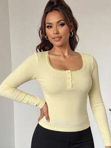 Vionelle 大码女式甜美蕾丝边长袖 T 恤，修身款三扣休闲白色 T 恤上衣夏季 - 黃色 - 查看 5