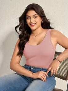 Comfylo Plus Size Women Solid Color Round Neck Casual Basic Knit Tank Top - Dusty Pink - View 8