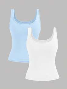 SHEIN Girlism 两件套少女休闲圆领褶皱腰部吊带背心套装，蓝白相间，适合日常休闲、百搭、居家穿着 - 藍色 - 查看 2