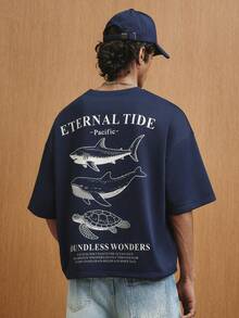 TOKVUE Men's Slogan Shark Print Round Neck Casual Short Sleeve T-Shirt - Navy Blue - View 1