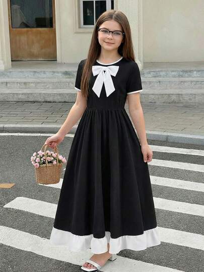 SHEIN 少女黑色优雅连衣裙，饰有可爱蝴蝶结，休闲时尚，适合派对、庆典、日常穿着