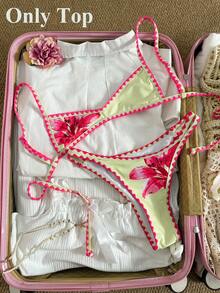 Top de bikini de mujer Swim Vcay-D con tirantes de espagueti, estampado de posicionamiento y adorno de ganchillo para primavera/verano - Multicolor - Ver 1