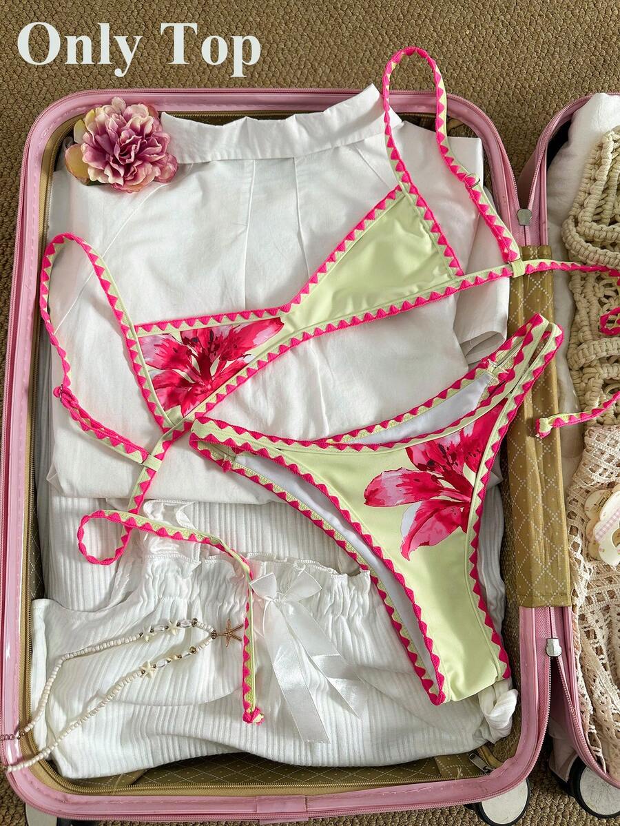 Top de bikini de mujer Swim Vcay-D con tirantes de espagueti, estampado de posicionamiento y adorno de ganchillo para primavera/verano - Multicolor - Ver 1