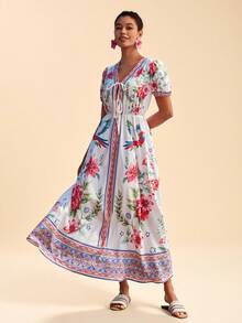 Travachic Vestido de playa con nudo delantero con estampado tropical, patrón de loro tropical, adecuado para vacaciones de verano, vestido de verano, atuendos de verano, vestidos de verano para mujer, atuendos de playa para mujer, atuendos de vacaciones de playa para mujer, atuendos de vacaciones para mujer, vestidos casuales para mujer - Multicolor - Ver 1