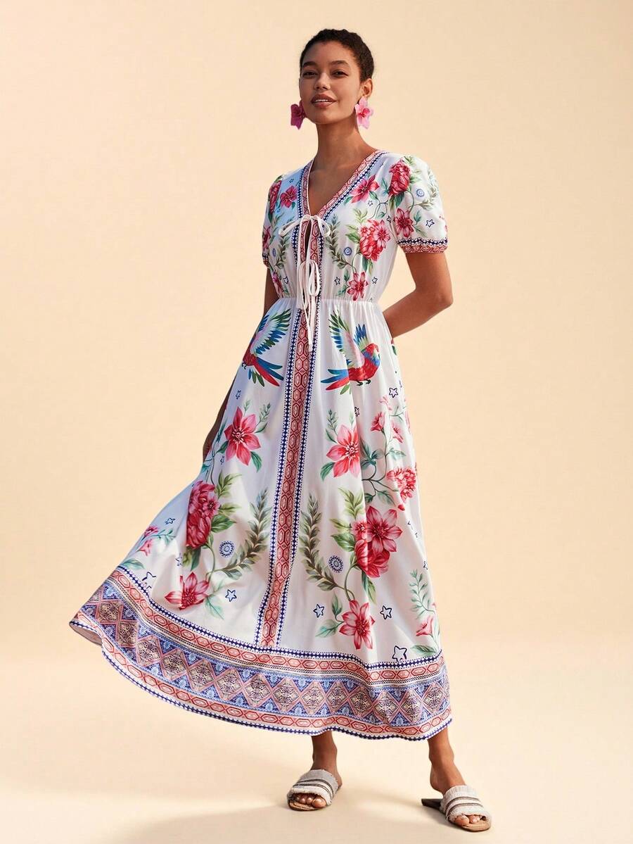 Travachic Vestido de playa con nudo delantero con estampado tropical, patrón de loro tropical, adecuado para vacaciones de verano, vestido de verano, atuendos de verano, vestidos de verano para mujer, atuendos de playa para mujer, atuendos de vacaciones de playa para mujer, atuendos de vacaciones para mujer, vestidos casuales para mujer - Multicolor - Ver 1