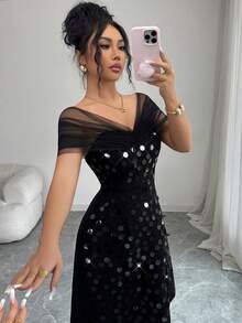 Modelyn Women's Elegant Summer Mesh Patchwork Sequin Decorated Mini Dress,Summer Dresses For Women - Black - View 7