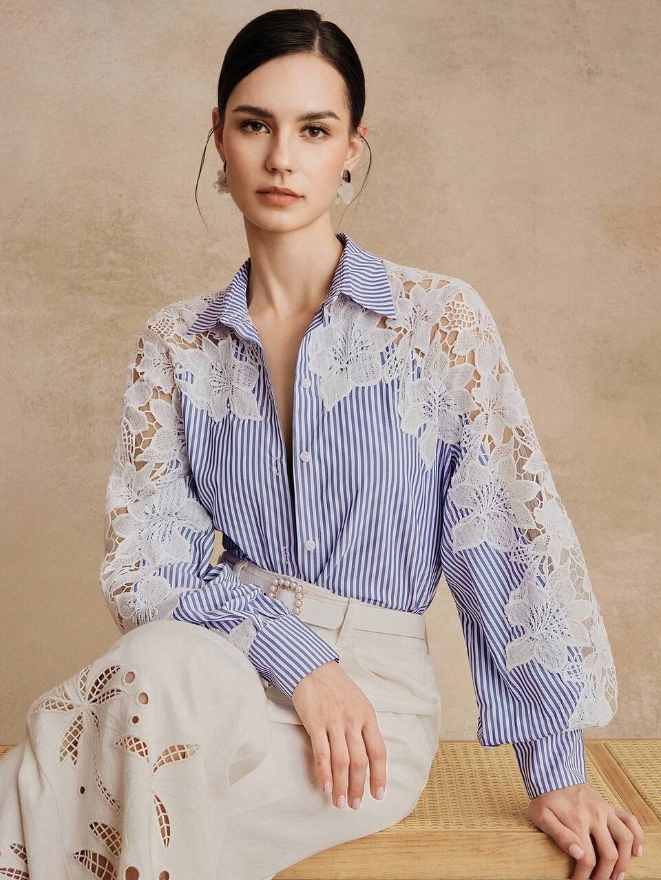 Women's Elegant Romantic Blue And White Stripe Embroidered Patchwork Lace Long Sleeve Shirt,French Style Autumn Tea Party Brunch Blouse