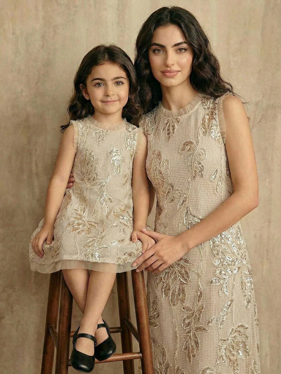 SHEIN Vestido casual de vacaciones y uso diario con volantes, lentejuelas y estampado floral para niña