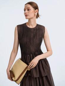 SHEIN Stylify 女士百褶圆领无袖上衣和迷你裙两件套，优雅设计 - 咖啡棕 - 查看 7