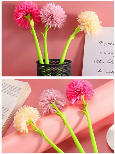 3支装韩式可爱硅胶凝胶笔，清新花卉图案黑色墨水书写笔，学生文具圆珠笔，适合上学和日常使用