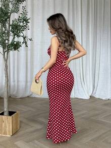 Jemour Spring/Summer Black & White Polka Dot Sexy Backless Spaghetti Strap Dress For Women - Red - View 2