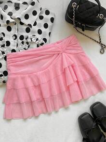 SHEIN EZwear 女士时尚不对称下摆荷叶边腰粉色蛋糕裙 - 粉色 - 查看 7