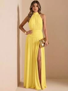 SHEIN BAE 秋冬季纯粉色女士露背吊带褶皱性感高开衩优雅长裙，适合鸡尾酒会、浪漫约会、聚会、正式活动、伴娘礼服、晚礼服、圣诞节、新年、情人节、夏季连衣裙、下午茶派对等场合。 - 黃色 - 查看 3