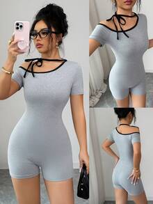 SHEIN Elenzya Bộ jumpsuit nữ thanh lịch, thoải mái, cổ xéo, thắt dây, thích hợp cho mùa xuân/hè. - Xám - Xem 1