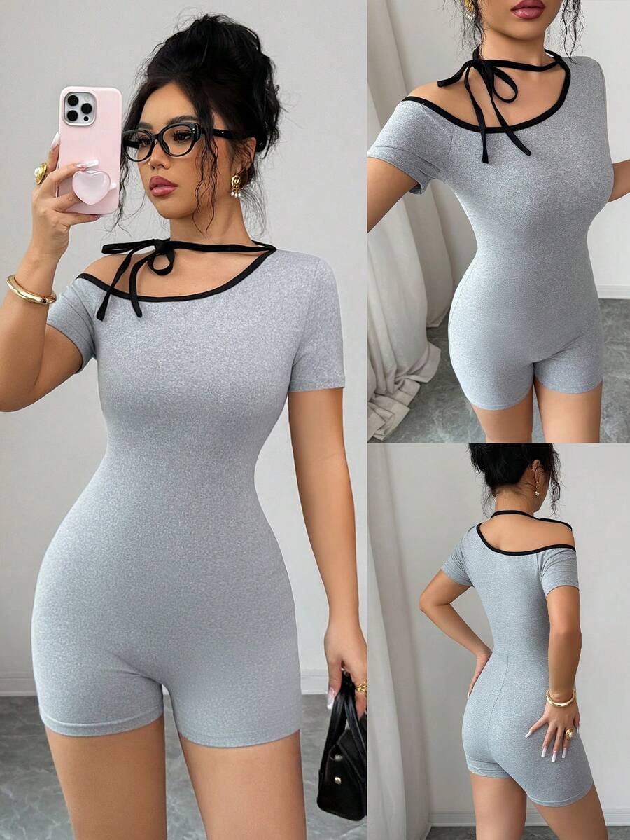 SHEIN Elenzya Bộ jumpsuit nữ thanh lịch, thoải mái, cổ xéo, thắt dây, thích hợp cho mùa xuân/hè. - Xám - Xem 1