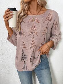 EMERY ROSE Unique Design Hollow-Out Knit Sweater For Women, Loose Fit 3/4 Sleeve Round Neck Cardigan, Spring/Summer - Khaki - View 4