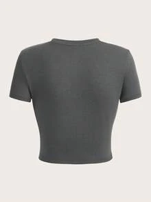 SHEIN EZwear Áo thun ôm dáng cổ tròn tay ngắn in chữ và hình cánh đại bàng đơn giản dành cho nữ, phù hợp cho mùa hè - Màu xám đen - Xem 2