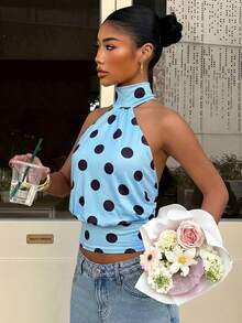 Muchica 女士蓝色波点印花时尚露背吊带背心，适合外出、街头穿搭、Y2K风格，波点上衣 - 藍色 - 查看 3