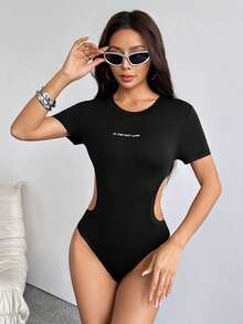 SHEIN PETITE Áo liền thân dệt kim không đường may, co giãn cao, màu đen, kiểu dáng Y2K dành cho nữ, thiết kế khoét rỗng, nhẹ. - màu đen - Xem 4