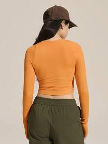 Exploreva Exploreva Women's Solid Color Round Neck Long Sleeve Pleated Slim Fit Outdoor T-Shirt,Orange Summer Athletic Sports Workout Activewear Tight Fitted Crop Top - Orange - View 7