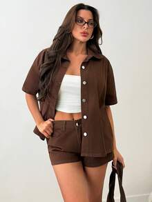 EURMUSE Shirt & Short 2 Pieces Denim Set - Brown - View 7