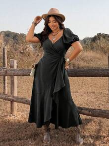 Ceyna Casual Elegant Black Plus Size Dress Short Puff Sleeve Ruched Sweetheart Neckline A Line Wrap Hem Party Vacation Summer - Black - View 3