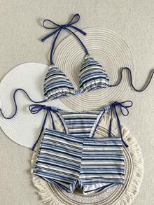 Bonvoyette Bộ đồ bơi 3 món dành cho nữ: Áo và quần bikini buộc dây cổ bằng vải kẻ sọc nhiều màu sắc, kiểu dáng thời trang thường ngày cho kỳ nghỉ. - Nhiều màu - Xem 2
