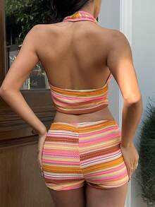 Sunnyshic Sexy Backless Halter Tie Top And Bodycon Shorts Two Pieces Set, Vacation Style,Vacation Outfit - Multicolor - View 2