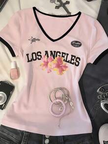 Glimmora Áo thun nữ tay ngắn cổ chữ V in họa tiết tối giản - Nhiều màu - Xem 3