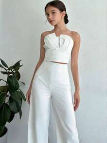 Serisse Kids Bộ đồ hai mảnh màu trắng thanh lịch dành cho bé gái tuổi teen, gồm áo croptop không dây bất đối xứng và quần ống đứng cạp cao có gọng giả. - trắng - Xem 1