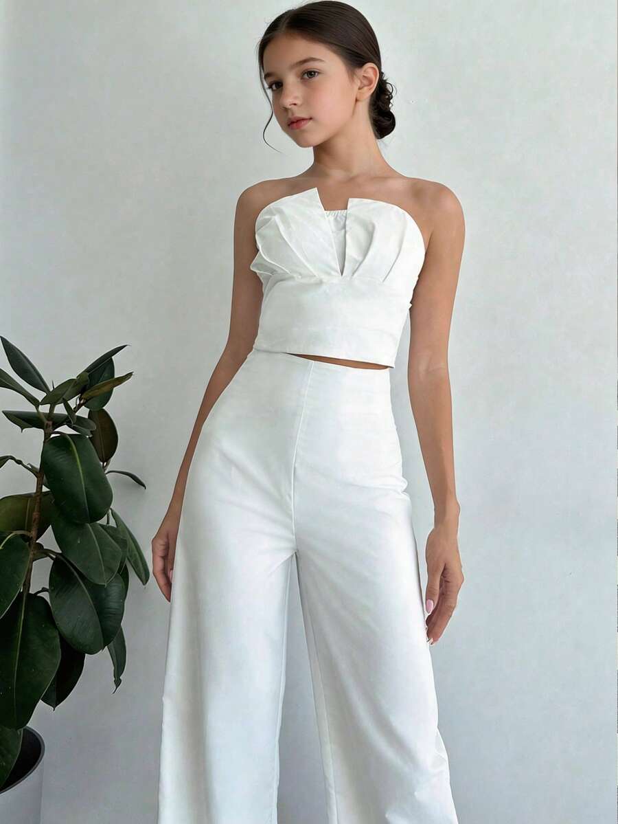 Serisse Kids Bộ đồ hai mảnh màu trắng thanh lịch dành cho bé gái tuổi teen, gồm áo croptop không dây bất đối xứng và quần ống đứng cạp cao có gọng giả. - trắng - Xem 1