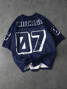 Manfinity EMRG Men's Summer Casual Mesh Patchwork Numeric Print Short Sleeve T-Shirt - Navy Blue - View 2