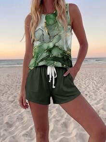 Sylviya 2件套女士休闲大理石纹撞色圆领背心短裤套装，适合夏季穿着，绿色夏季上衣，女士短裤套装，女士夏季服装套装，女士度假短裤套装，绿色度假服装 - 彩色 - 查看 6