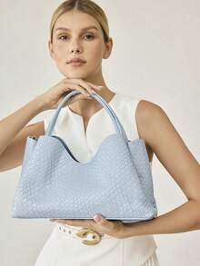 MOTF PREMIUM TAS TOTE WANITA, TAS TANGAN PU TENUN EMBOSSED YANG INDAH, COCOK UNTUK PERJALANAN SEHARI-HARI KE TEMPAT KERJA - Baby Blue - View 6
