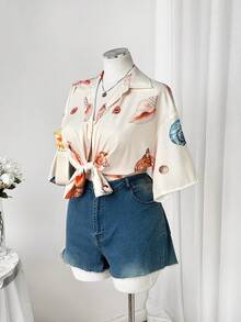 Sweetra Blusa holgada de talla grande para mujer con estampado de paisaje marino, elegante y casual, estilo de vacaciones, para primavera/verano - Albaricoque - Ver 7
