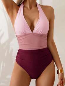 Shapewave Tummy Control Color Block Lace-Up Backless One-Piece Swimsuit - Multicolor - View 6
