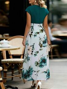 Balvessa Printed Patchwork Bow Tie Elegant Women Long Dress - Dark Green - View 2