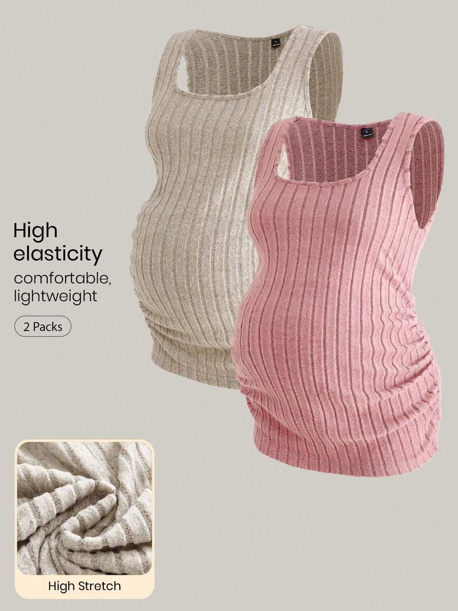 Modmama 2-Piece Set Maternity Tops For Women,Cerise Pink Ribbed Knitted Tank Tops,High Elasticity Square Neck Sleeveless Vest,Casual Everyday Autumn Clothes - Multicolor - View 1