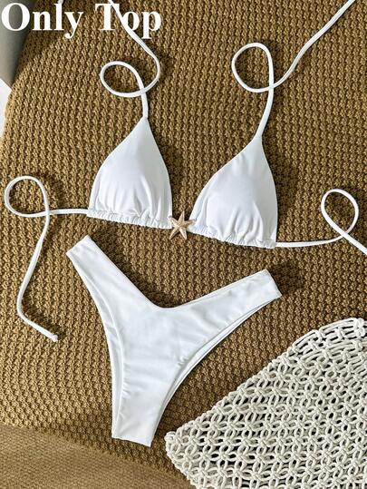 Swim Vcay Swim Chicsea-D Women's Solid Color Halter Metal Decor Bikini Top, Spring/Summer