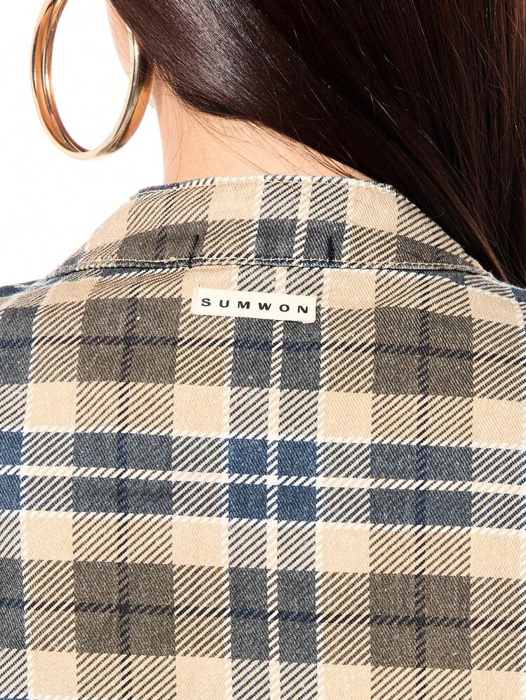 SUMWON Plaid Check Pattern Cropped Denim Biker Jacket With Zip Closure Long Sleeves Women Casual Fall Winter Outerwear