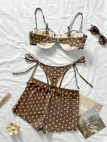 Swim Mod Bộ đồ bơi 3 món in chấm bi, có gọng, viền bèo nhún, kiểu dáng dễ thương, gồm quần bơi và quần đùi có dây rút bên hông. - Nhiều màu - Xem 5