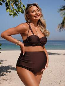 SHEIN Set Bikini Modis Berwarna Polos dengan Detail Kerut untuk Ibu Hamil, Cocok untuk Liburan di Pantai - MultiWarna - View 4