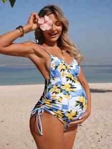 Swim Vcay Pregnant Women Lemon Print Ruched One-Piece Swimsuit, Suitable For Beach Vacation, Pool Party, Beach Party - Multicolor - View 3