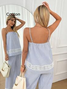 SHEIN LUNE Bộ đồ 2 mảnh dành cho nữ mùa xuân/hè, gồm áo hai dây buộc cổ nơ và quần ống rộng bằng ren kẻ sọc, kiểu dáng thường ngày thanh lịch, phù hợp cho công sở và nghỉ dưỡng (cổ điển). - Nhiều màu - Xem 3