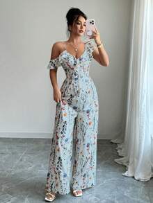 Arcane Artistry 女士优雅不对称荷叶边领度假阔腿印花连体裤，波西米亚风女装，休闲连体裤，夏季女装，波西米亚风连体裤，碎花连体裤，碎花套装，露肩连体裤，碎花连体裤，波西米亚风连体裤，女士碎花连体裤，春夏碎花套装，Zanea 女士碎花连衣裙，优雅印花连衣裙 - 藍色 - 查看 3