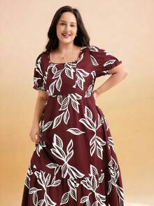 Momelise Große Größen Damen bedrucktes Gewebe Quadratausschnitt Kurzarm A-Linie locker Casual Urlaub Alltag modisch bequem elegantes Kleid, geeignet für Frühling und Sommer - Verschiedenfarbig - Übersicht 7