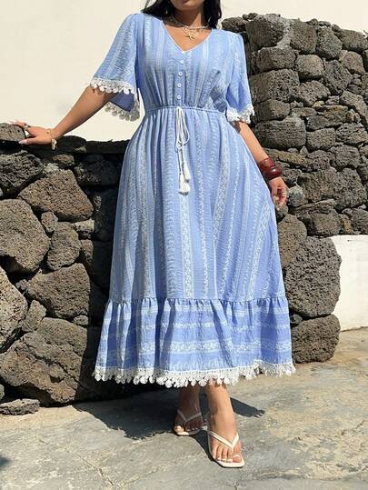 Sunnyshic 大码V领蓝色休闲度假优雅仿抽绳连衣裙，春夏款