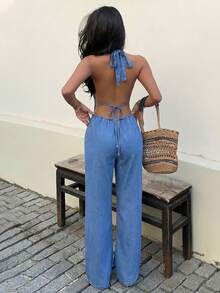Sunnyshic 女士休闲露背吊带牛仔连体裤 - 藍色 - 查看 2